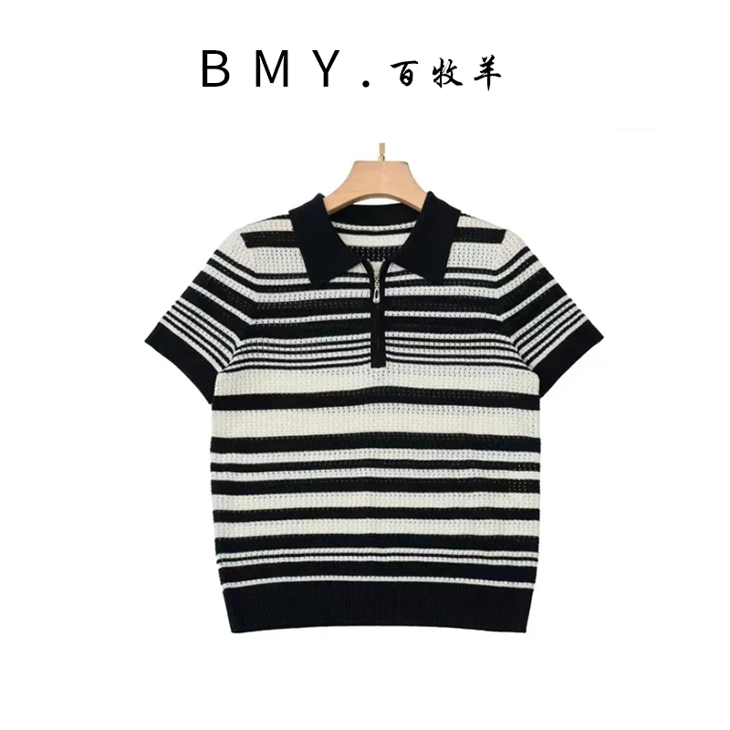 【惬意松弛感】天丝苎麻 经典条纹POLO领镂空上衣 洋气凉感短袖T恤