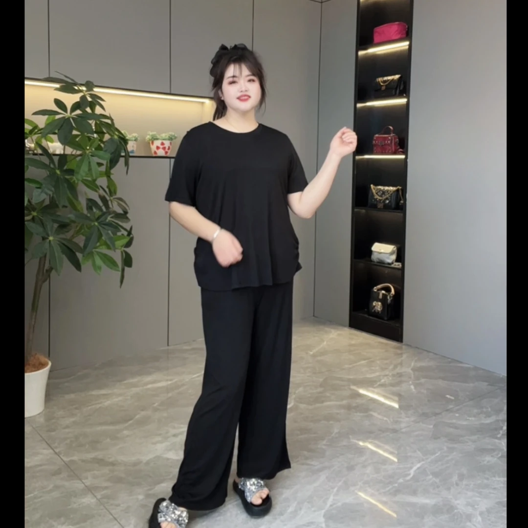 2025春夏新款2843休闲套装女宽松时尚遮肉显瘦上衣➕阔腿裤两件套