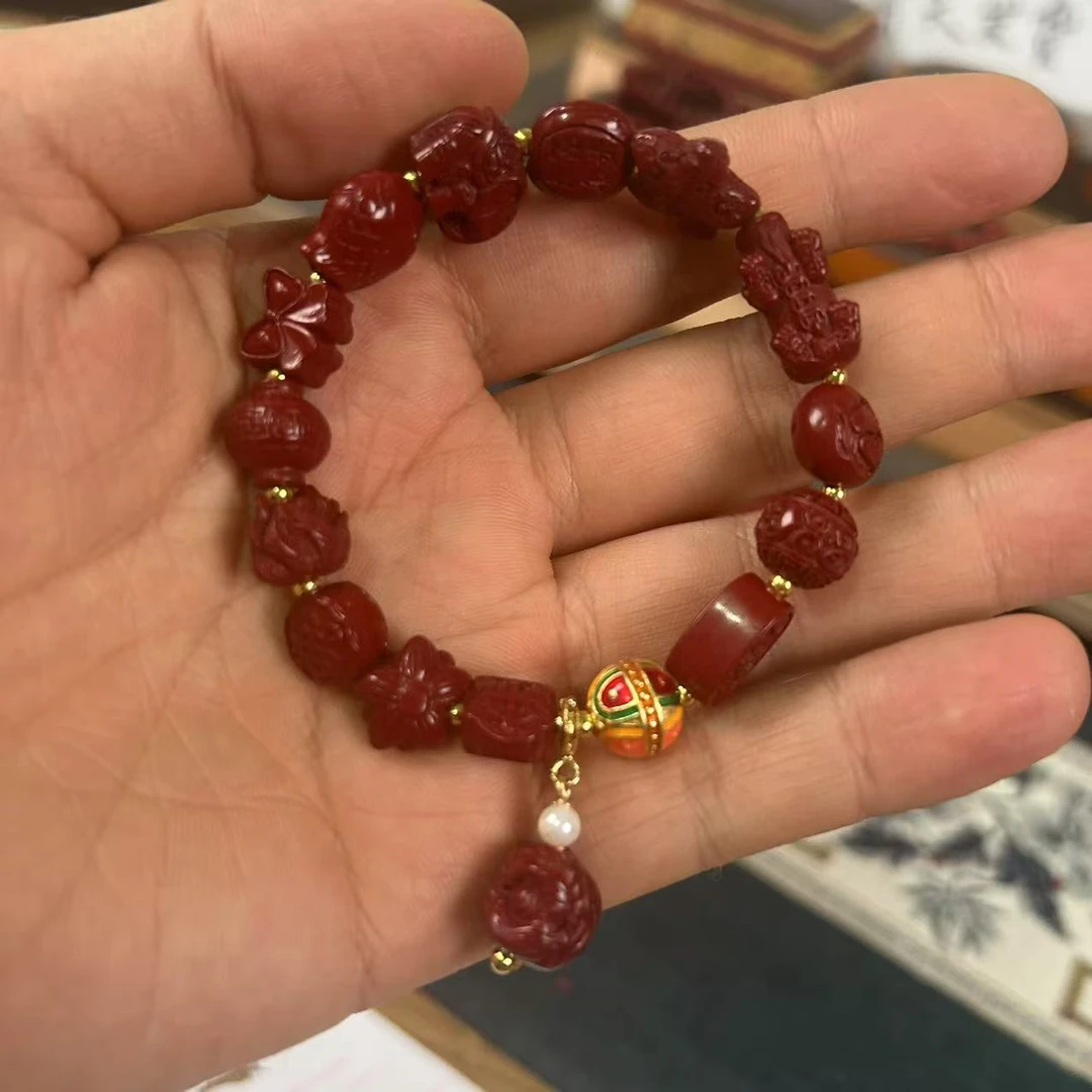 含辰砂工艺品精品雕刻醒狮多宝手串