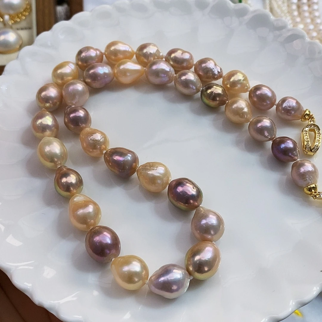 银S925镶嵌淡水极光金属色炫彩糖果混彩项链9-11淡水珍珠