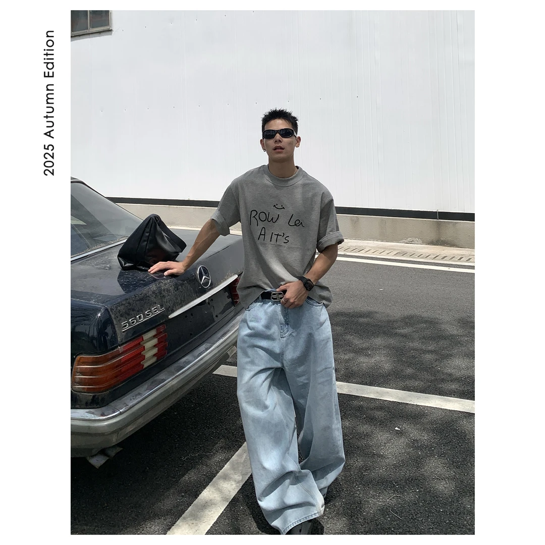 ZICHENG 25ss夏季 纯棉笑脸字母印花 男士重磅廓形百搭短袖T恤