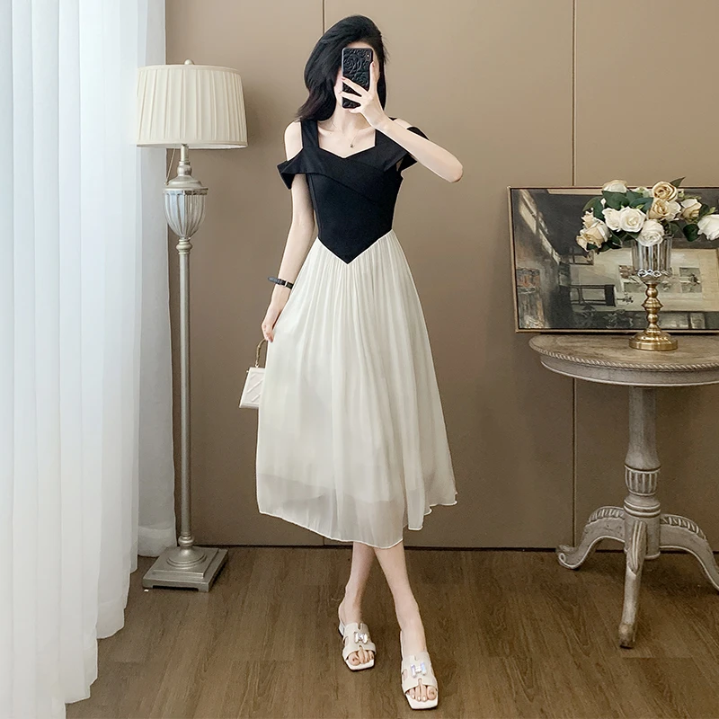 纳凡2025新款夏季短袖简单大方连衣裙高级感显瘦漏肩露背A字裙子
