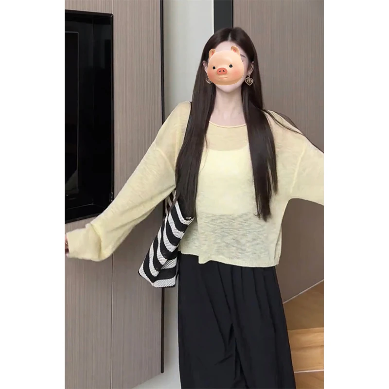 多巴胺穿搭黄色冰丝长袖T恤女夏季薄款外搭宽松防晒空调罩衫上衣