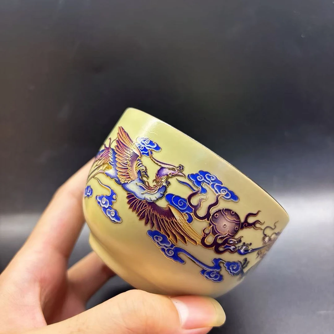 黄釉禅定龙凤主人杯1885龙纹手绘家用高档描金