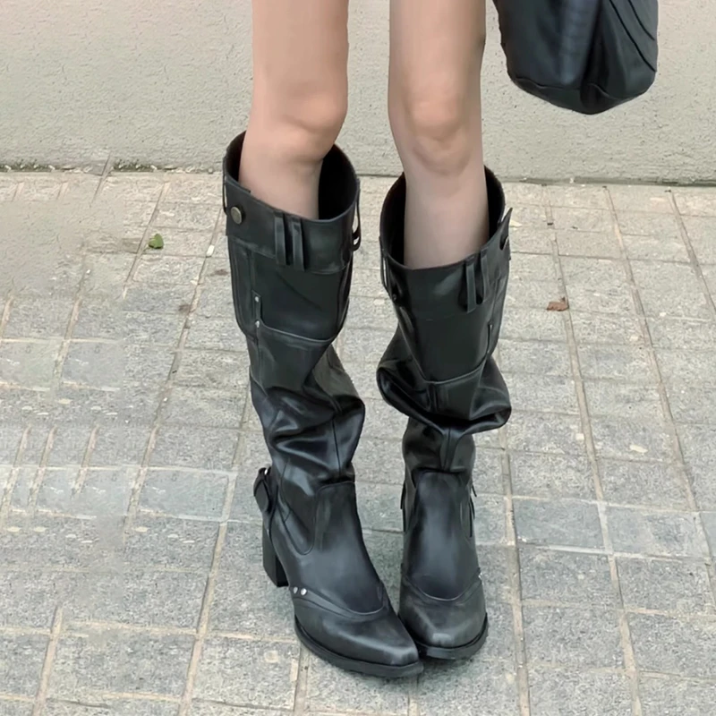 大筒围粗跟2025堆堆靴复古西部牛仔靴长筒靴女小众设计尖头韩版女