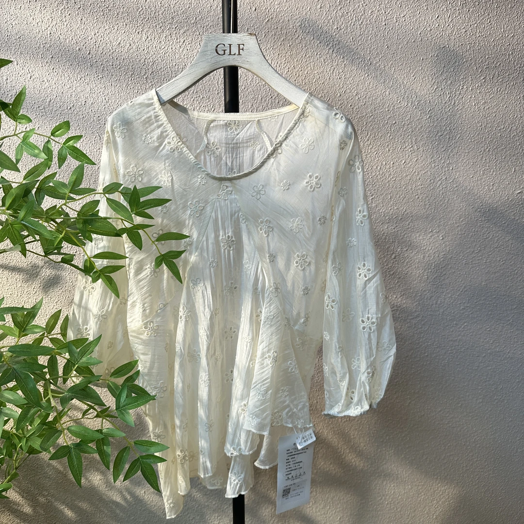 长袖衬衣V领系带夏季上衣雪纺衫衬衫白色镂空钩花