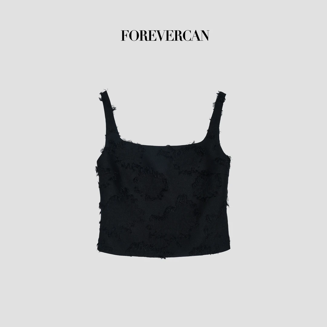 FOREVERCAN “黑幕迷情”客定不规则毛须提花料吊带背心上衣ST23368