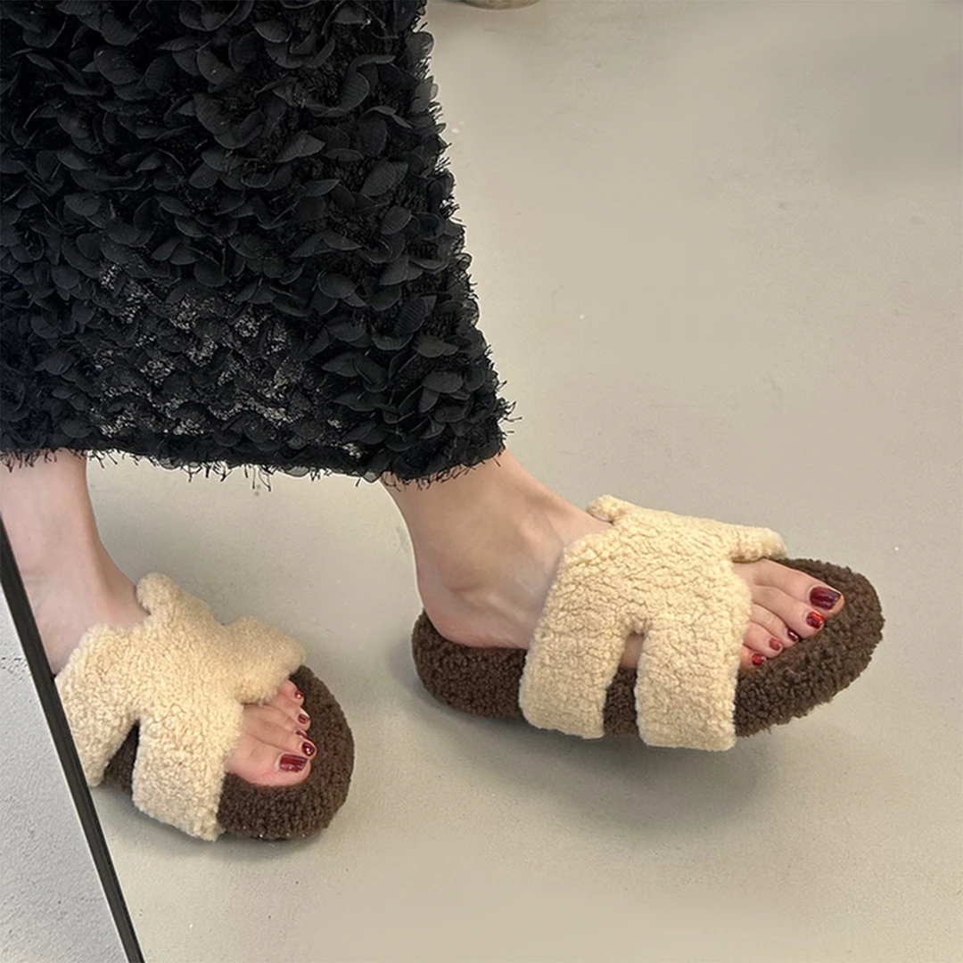 厚底休闲毛毛拖鞋女外穿2025新款秋季百搭网红居家外出一字棉拖鞋