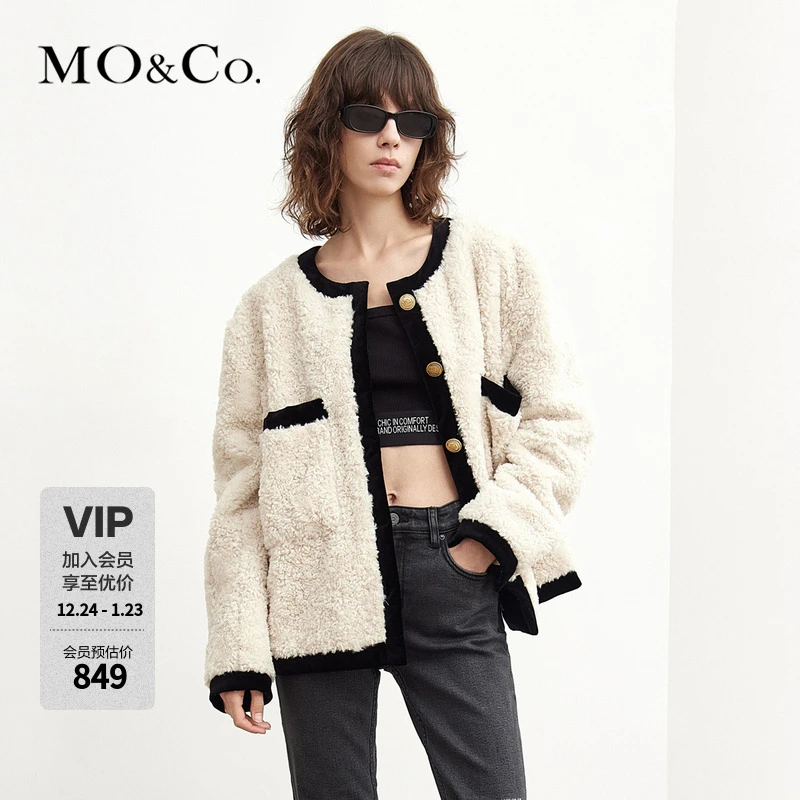 MOCO秋冬仿羊羔绒大口袋拼接金扣圆领宽松时尚短外套MBB3COTT01