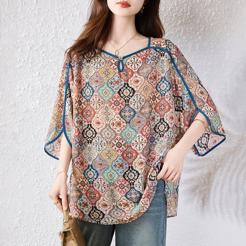 蝴蝶袖新中式圆领大码女装T恤女2025年夏新款宽松休闲减龄上衣