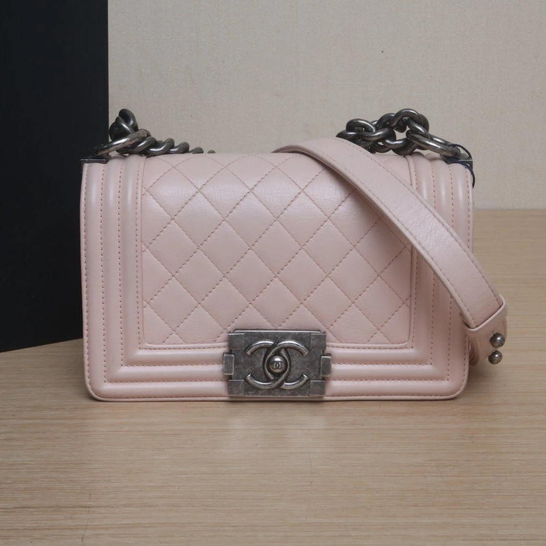 95新 Chanel/香奈儿 花花 Leboy 小号 粉色 23开 银扣