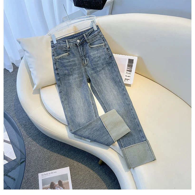 小个子裤脚拼接撞色爆款直筒牛仔裤女2025年秋装新款九分烟管裤子