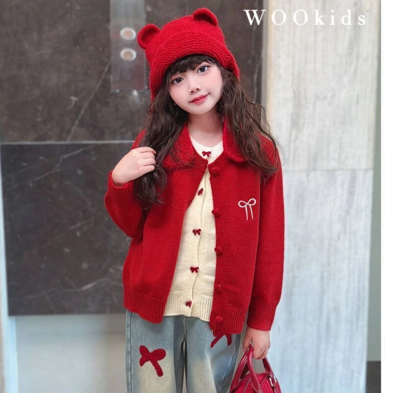 拜年服秋冬女童蝴蝶结刺绣针织开衫秋冬新款软糯百搭过年毛衣上衣