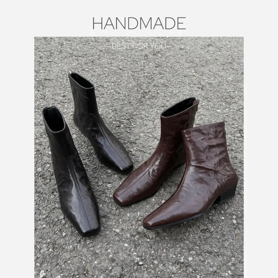 漫言町4CM头层羊皮方头法式高跟靴气质通勤百搭舒适黑色瘦瘦靴