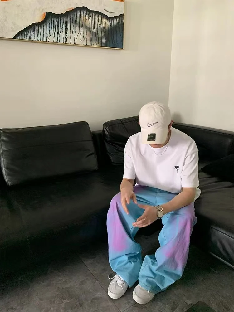 （F4-2#9199）天蓝色彩虹喷漆撞色牛仔裤