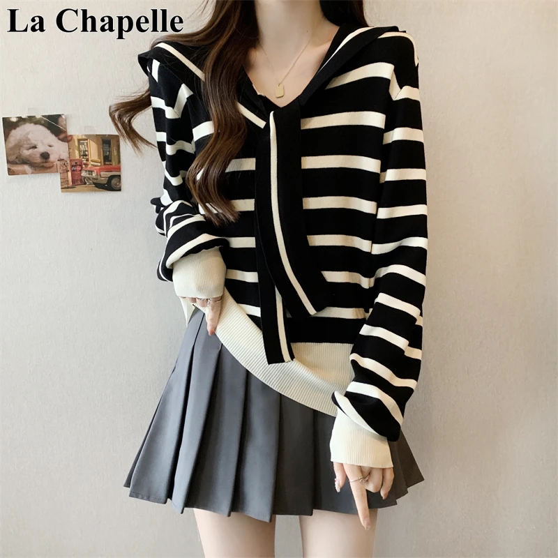 拉夏贝尔大码海军领高级感休闲百搭圆领上衣秋季撞色条纹针织衫女