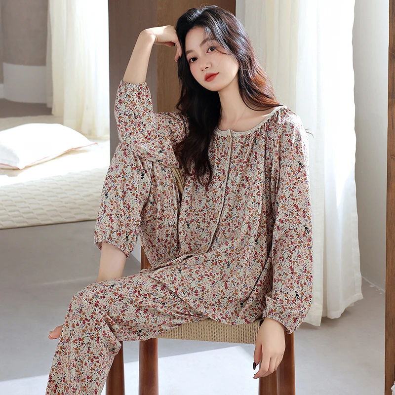 睡衣女士春夏款棉质长袖2025新款中年妈妈薄款大码宽松碎花家居服
