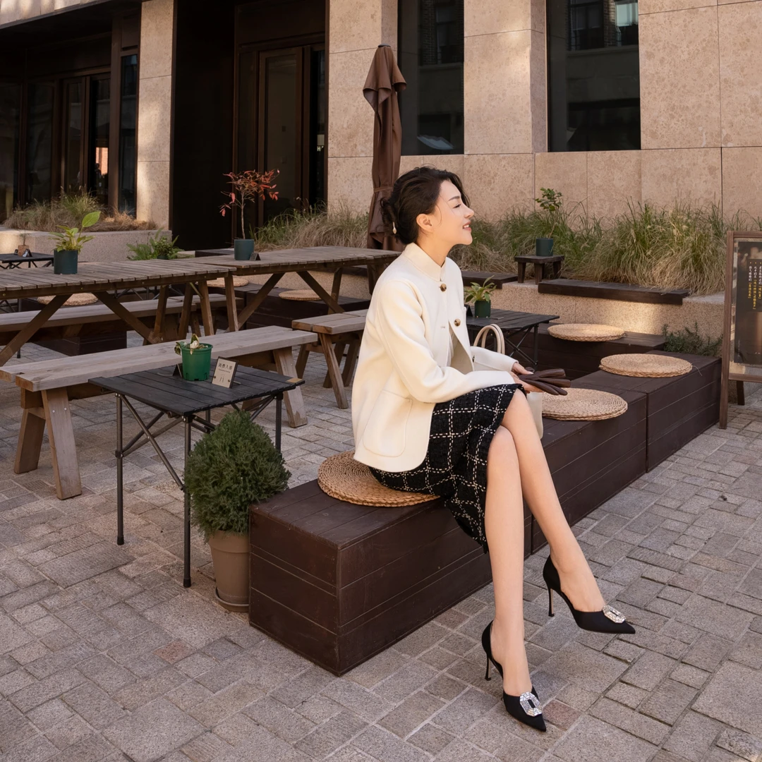 YSU【余书】经典小香风方格子包臀后开叉半身裙Y303995