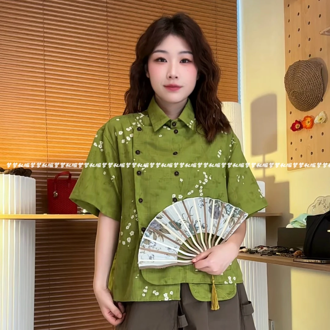 P124“抹茶大福”原创双排扣外翻口袋创意门襟短袖休闲上衣衬衫衬衣