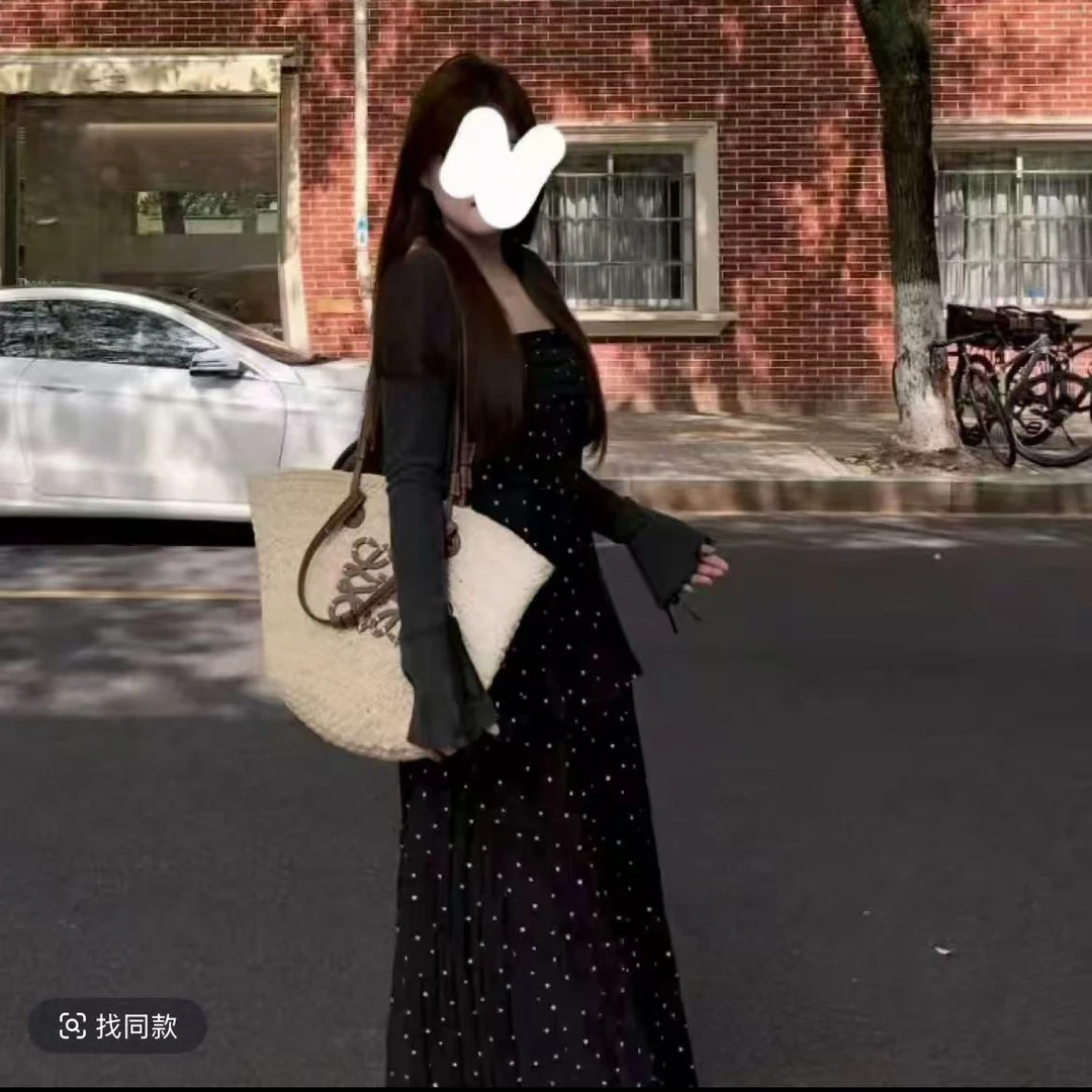 休闲风常规长裙高腰圆点连衣裙女神女装法式长袖