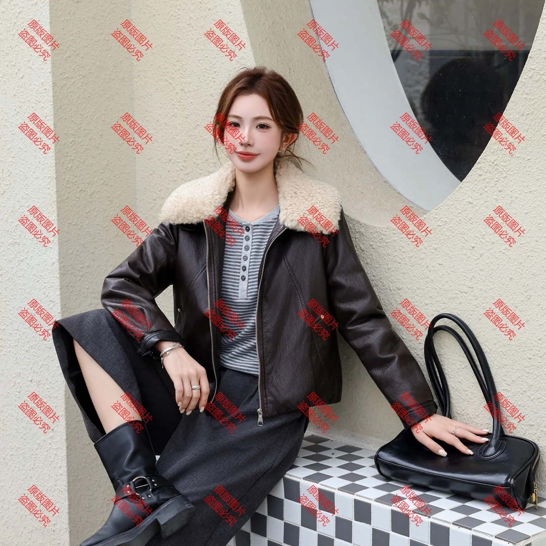 洋气可拆卸毛领加绒保暖皮衣外套女2025秋季新款时尚上衣