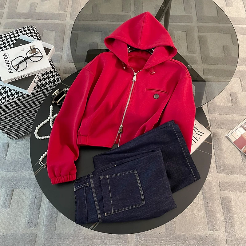 新港风时尚休闲套装女春季新款拉链连帽卫衣阔腿牛仔裤显高两件套