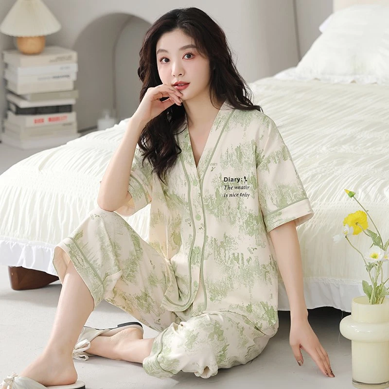 新款女士睡衣七分裤开衫短袖带胸垫甜美家居服套装EC062