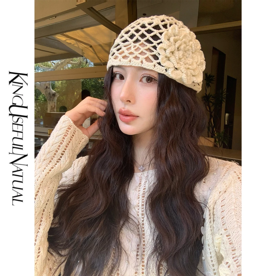 KUN【花花手织帽】ins韩系个性手工针织钩针花朵毛线帽子