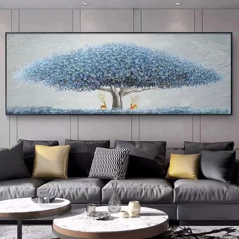 G183雪川蓝色大树手绘油画沙发背景墙装饰画客厅挂画现代肌理壁画