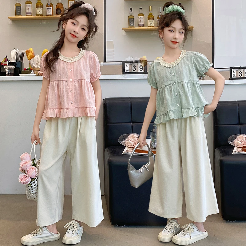 女童夏季甜美娃娃衫套装2025新款中大童韩版洋气短袖休闲裤两件套