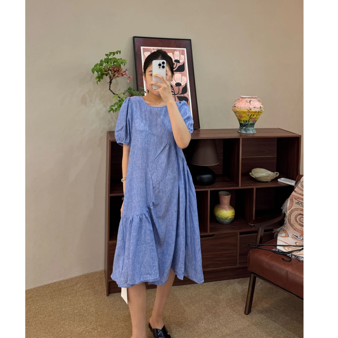 9911褶皱收腰连衣裙法式复古夏季