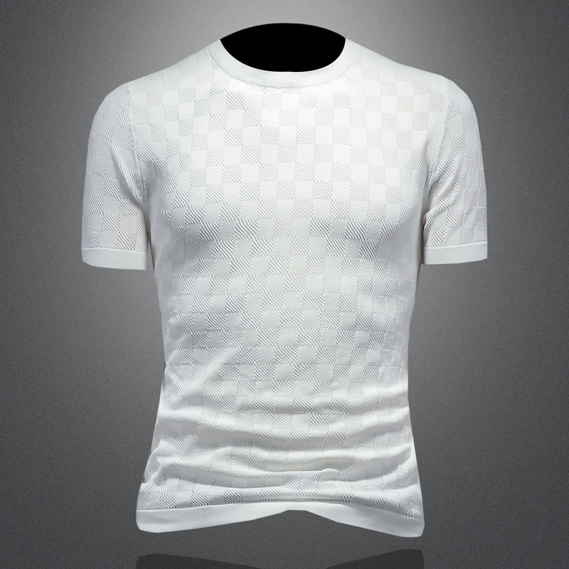 施摩瓦戈镂空T恤男款短袖夏季冰丝针织圆领修身休闲弹力格子上衣