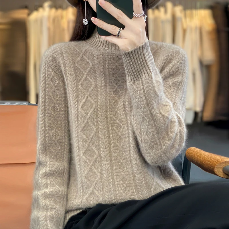 【加厚】100%纯羊毛七针加厚半高绞花工艺女NJR890