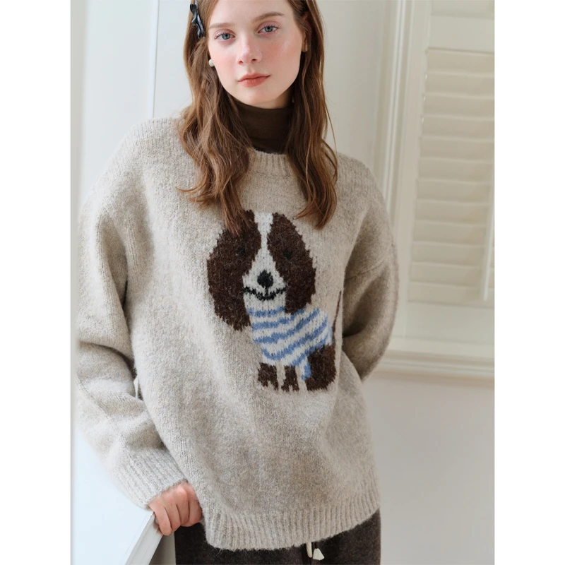 圆领羊毛卡通小狗图案针织毛衫上衣冬季新款25FS14454