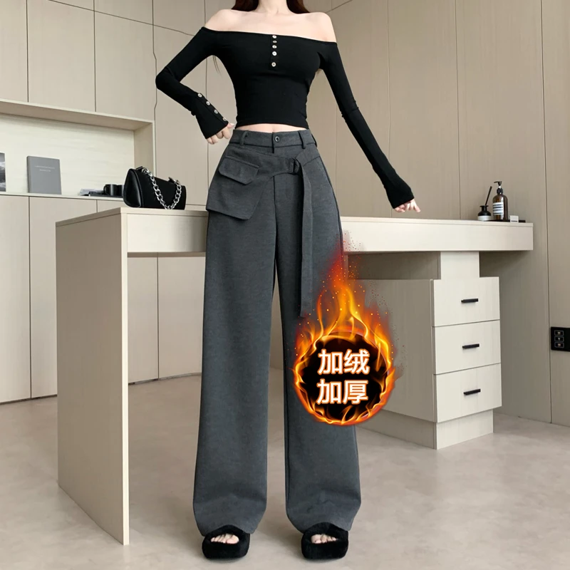 高级感羊绒毛呢加绒加厚窄版阔腿裤女秋冬显瘦潮流宽松高腰休闲裤