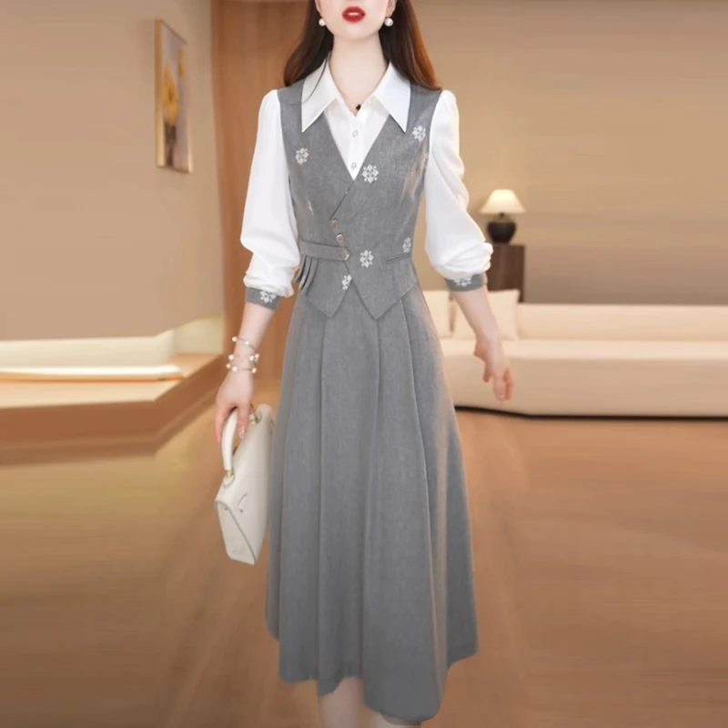 斜纹精纺小香风轻奢女装2025秋季新款长袖时尚显瘦假两件连衣裙子