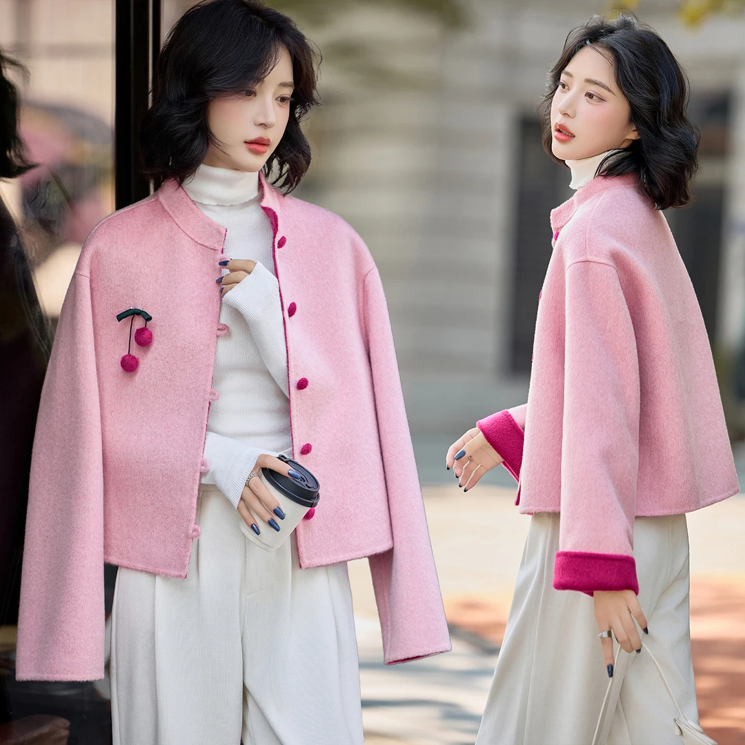 樱桃吊坠设计感双面羊毛大衣女2025秋冬新款高端气质甜美毛呢外套