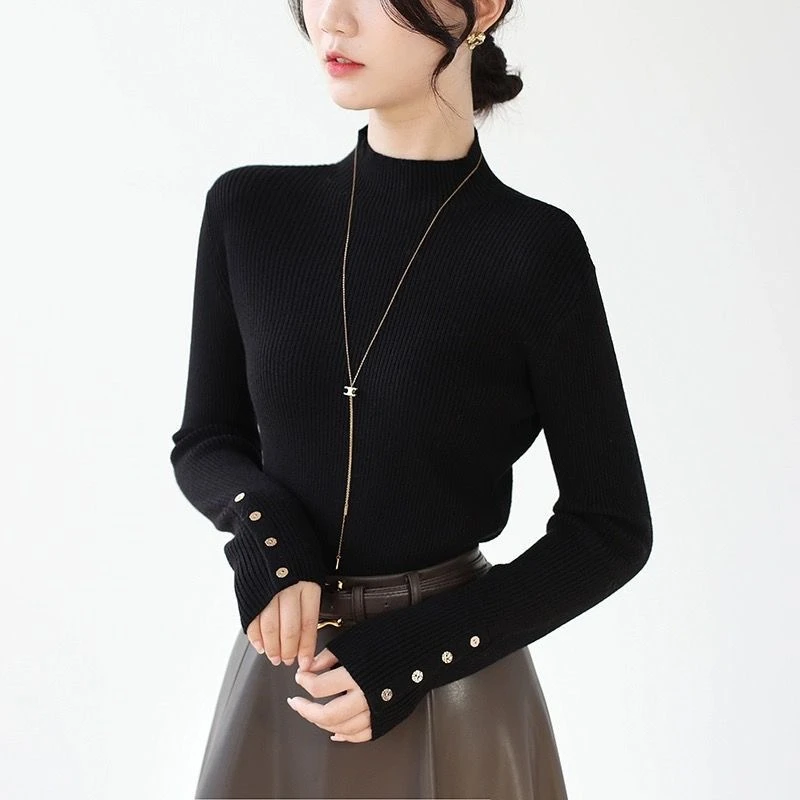 秋冬洋气袖口纽扣半高领针织衫女显瘦内搭毛衣打底衫时尚百搭