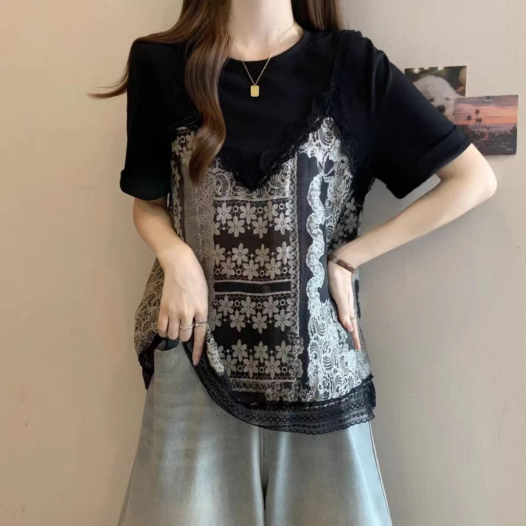 复古碎花短袖t恤女夏装新款大码显瘦减龄假两件蕾丝拼接上衣27512