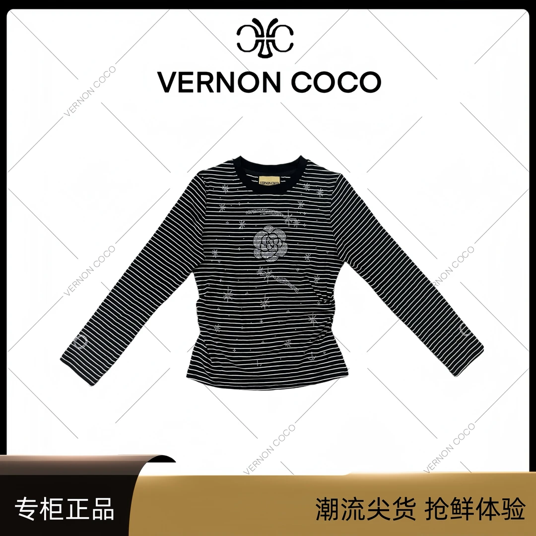 【VERNON COCO】Y30秋季条纹山茶花镶钻时尚显瘦打底衫VC423