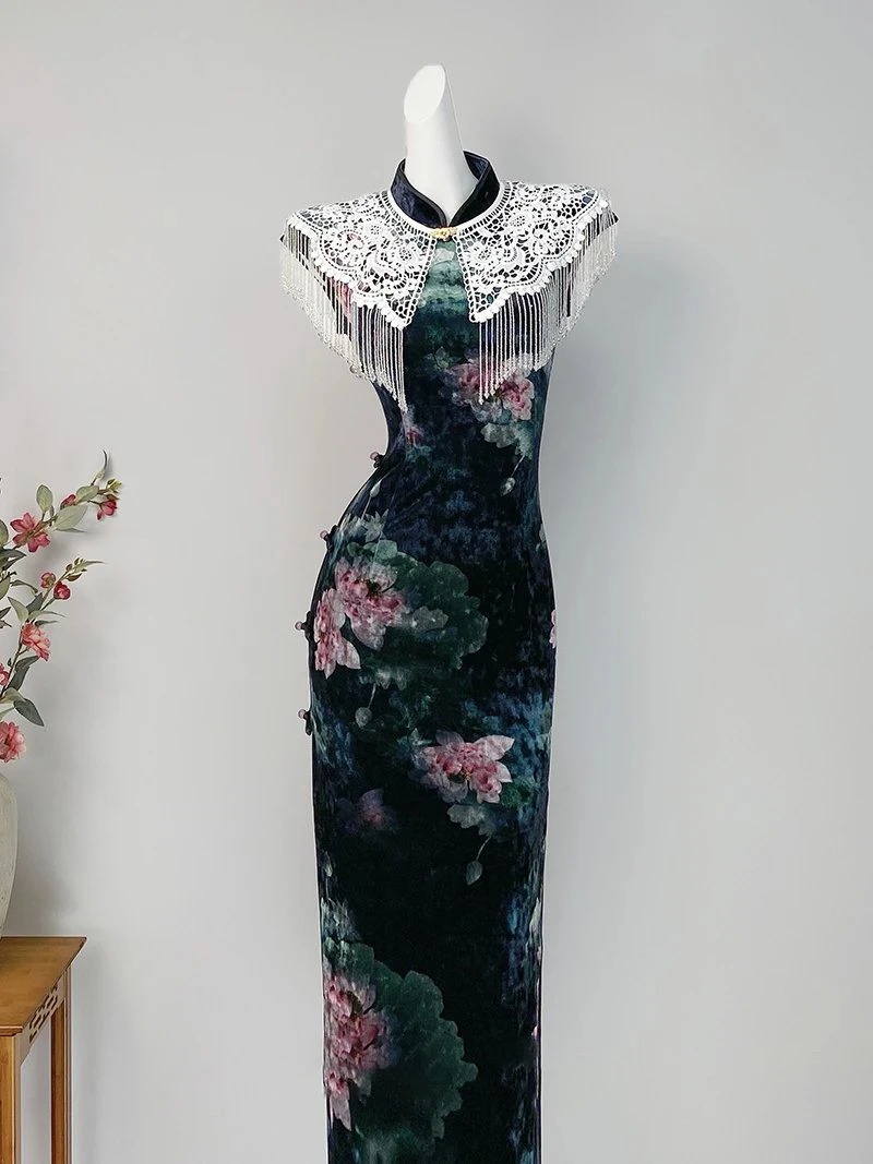 日常植物花卉薄款丝绒旗袍中长款走秀时尚印花复古修身