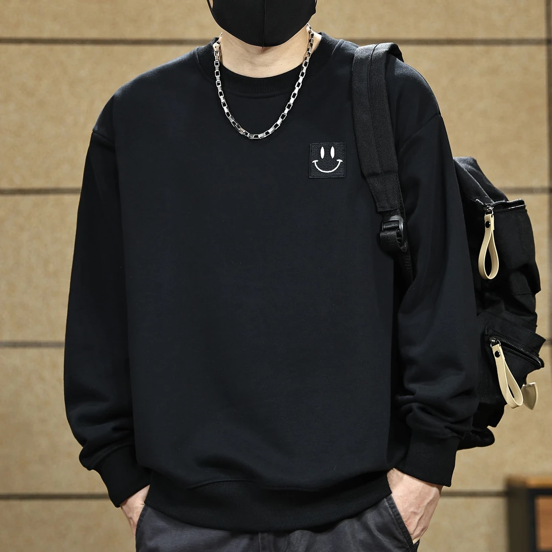 美式复古重磅笑脸刺绣卫衣男秋季新款宽松休闲百搭圆领上衣服男装