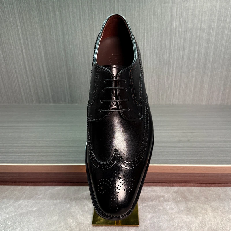 新款男士全布洛克雕花商务正装皮鞋真皮尖头英伦风百搭办公德比鞋