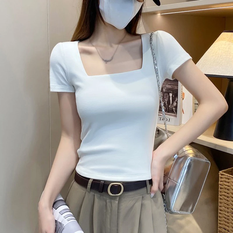 气质简约风白色方领短袖t恤女2025春夏新款低修身显瘦u领上衣女士