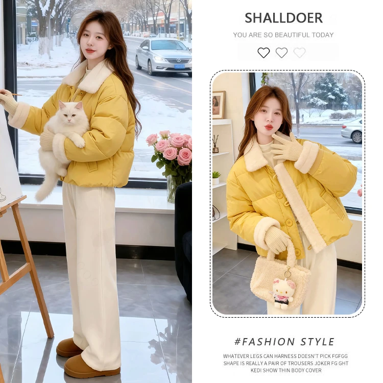 2025冬季翻领长袖棉服高腰纯色休闲裤两件套女时尚减龄百搭衣服