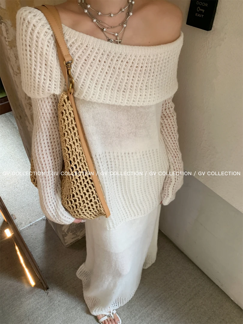清透早秋露肩镂空微透针织上衣半身裙套装秋季新款设计