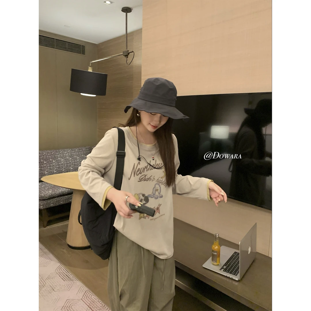 大婉酱微胖定制【晚安小狗】美式复古印花上衣夏百搭减龄长袖 9743D