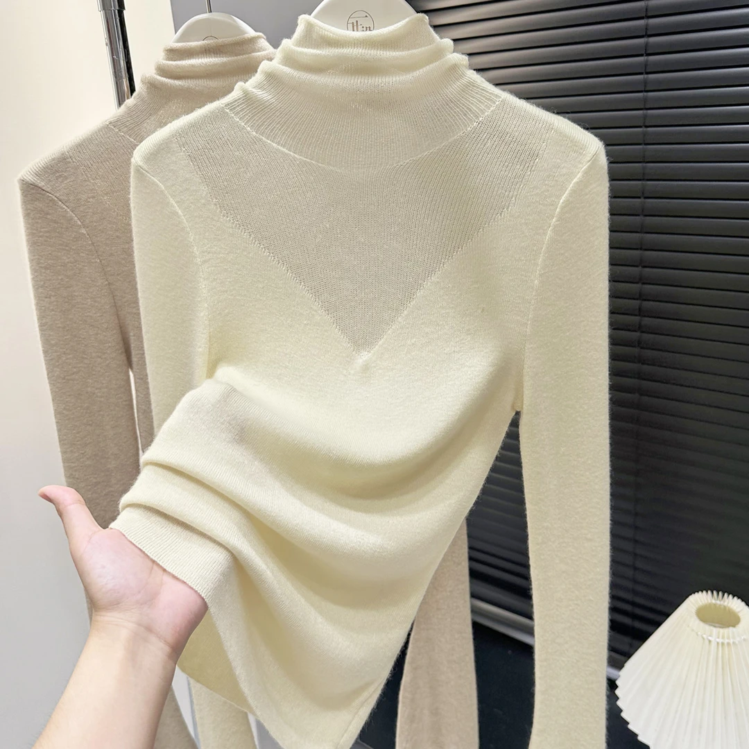杏色堆堆领套头打底衫百搭长袖针织衫秋冬内搭新款软糯修身上衣女