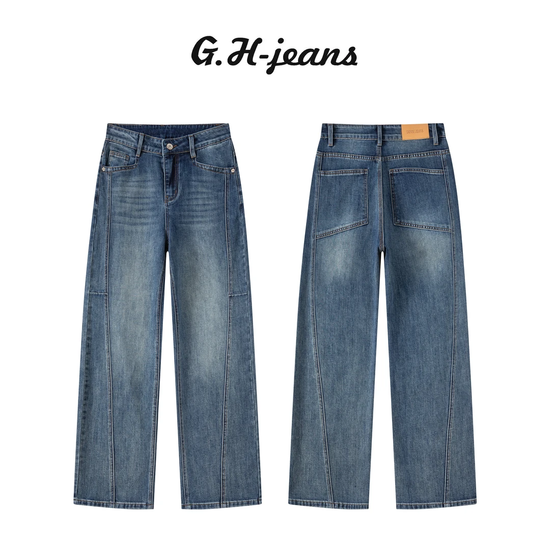 【G.H】夏季新款靛海蓝时髦复古分割切线设计莱赛尔薄款直筒牛仔裤