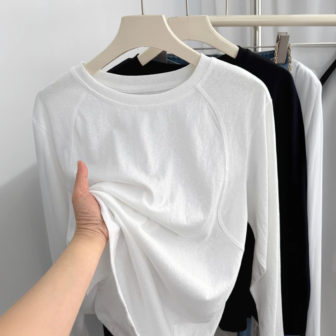 舒适白色纯棉长袖t恤女秋新款简约设计感宽松内搭打底衫纯色上衣